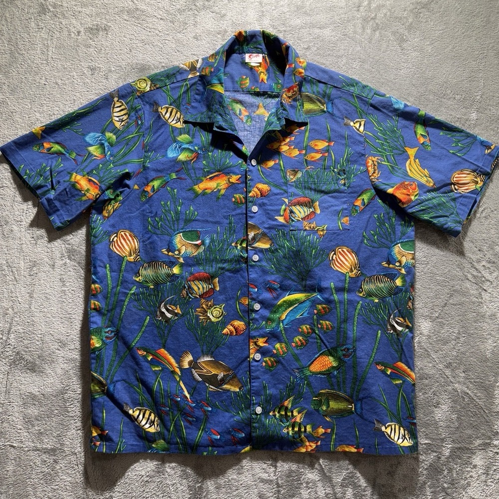 Vintage SCORPIO Hawaiian Shirt MADE IN USA Fish Ocean Nature Blue Men's XL